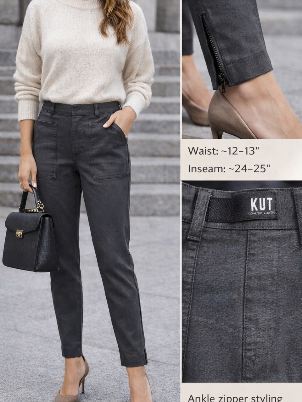 KUT From The Kloth Gray Skinny Pants Size 8 High Rise Stretch Ankle Zip